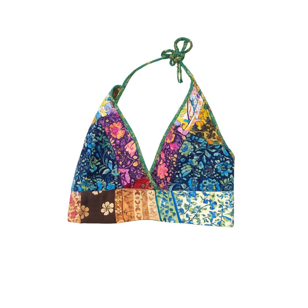 GardenBelle Shop Boho Patchwork Silk Blend Festival Halter Top Size L/XL